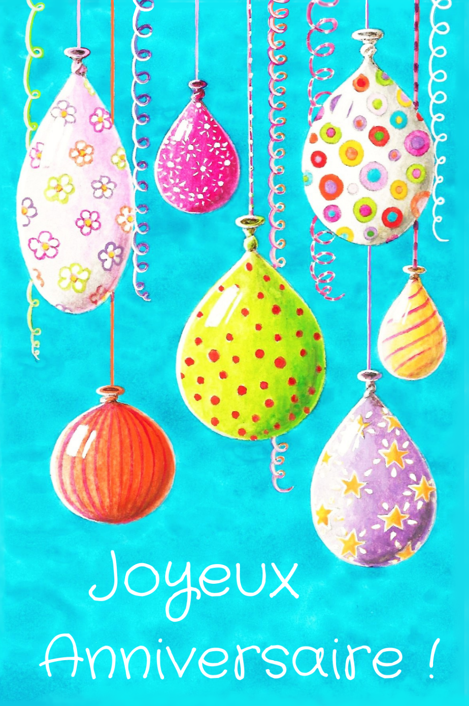 Carte d'anniversaire avec des ballons suspendus peints de toutes les couleurs
