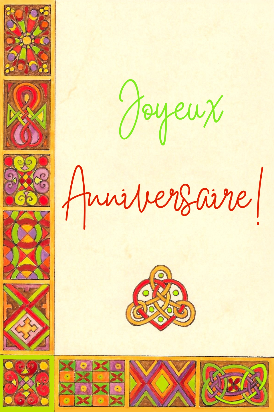 Carte d'anniversaire avec une frise motifs celtiques peints sur 2 côtés