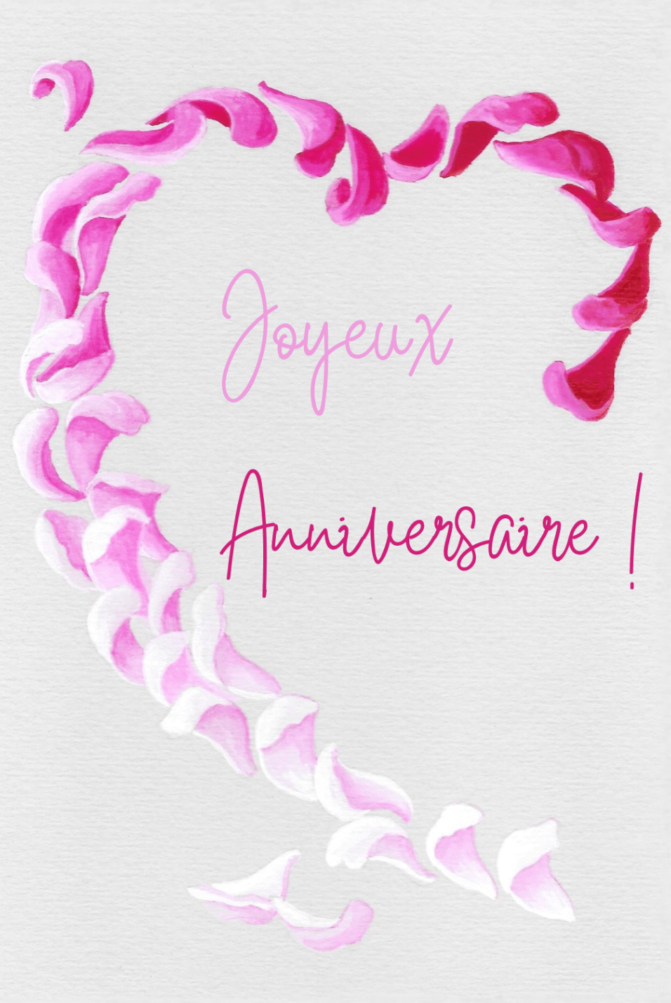 Carte d'anniversaire avec des pétales de roses peintes dessinant un coeur
