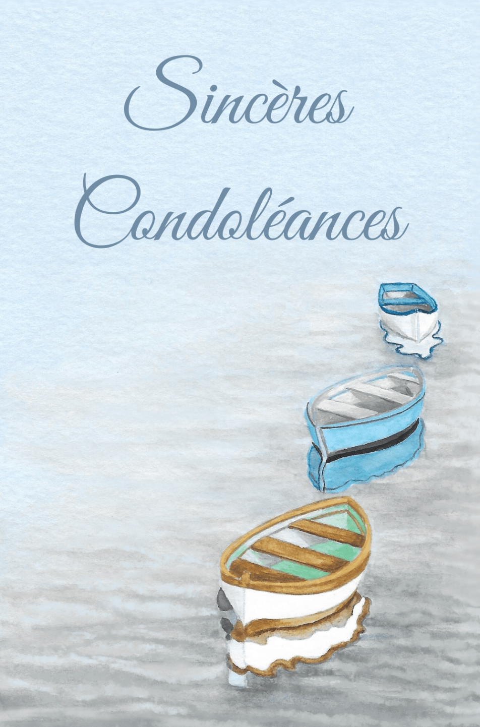 Carte de condoléances avec 3 barques sur l'eau peintes