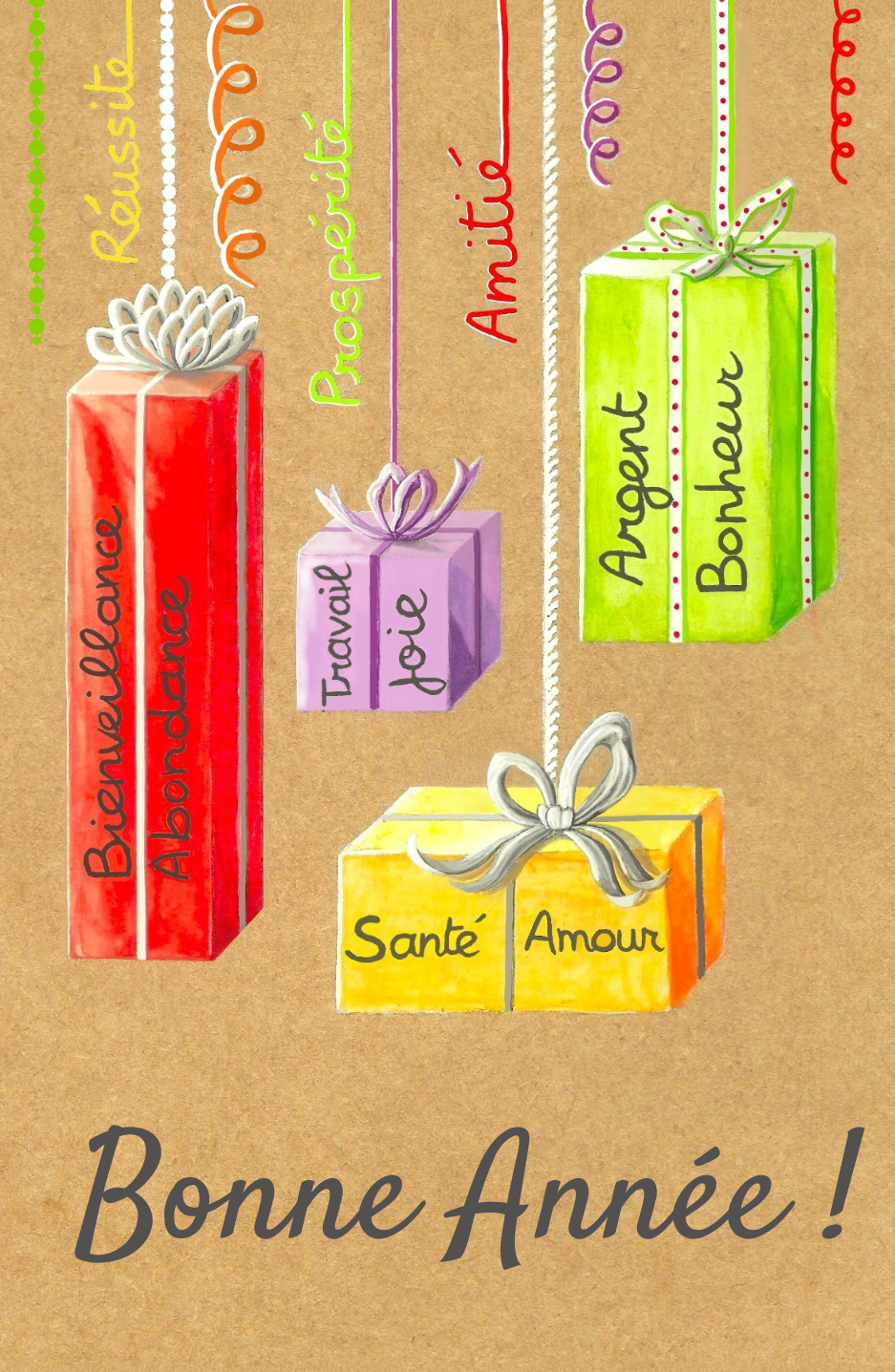 Carte de Bonne Année avec des cadeaux suspendus