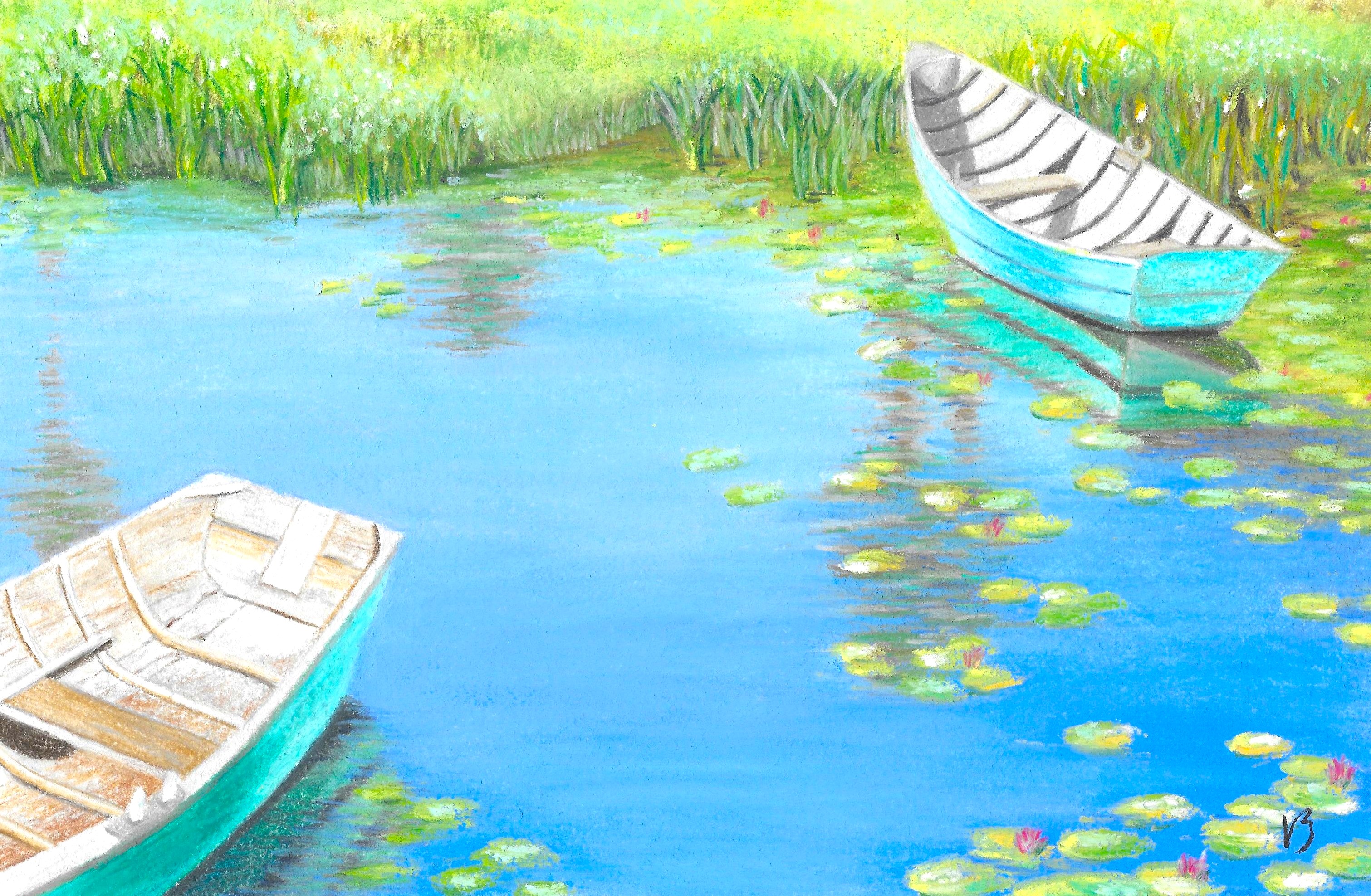 Tableau au pastel de barques sur l'eau peint par V. Bourgaut