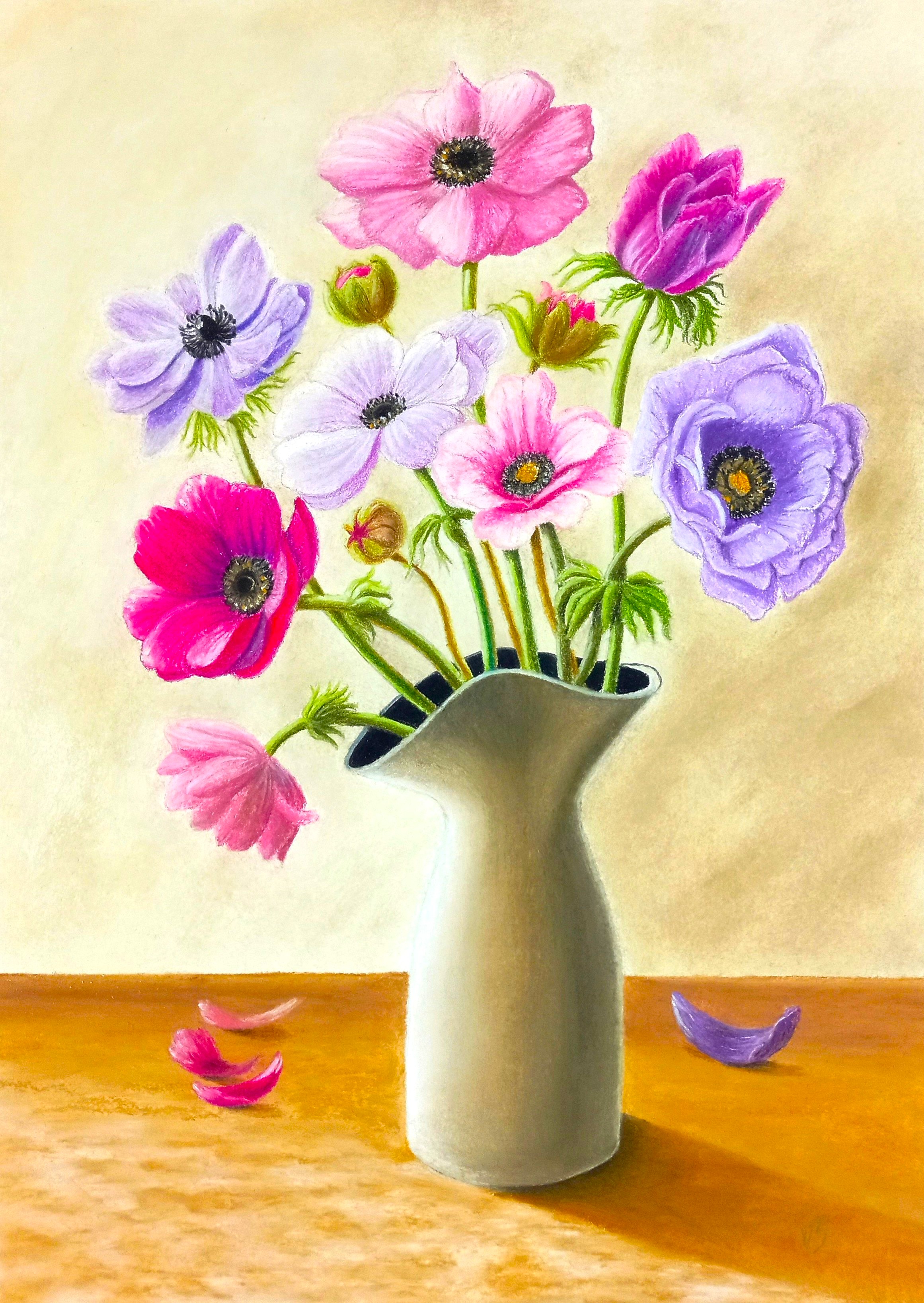 Tableau au pastel d'un bouquet d'anémones peint par V. Bourgaut