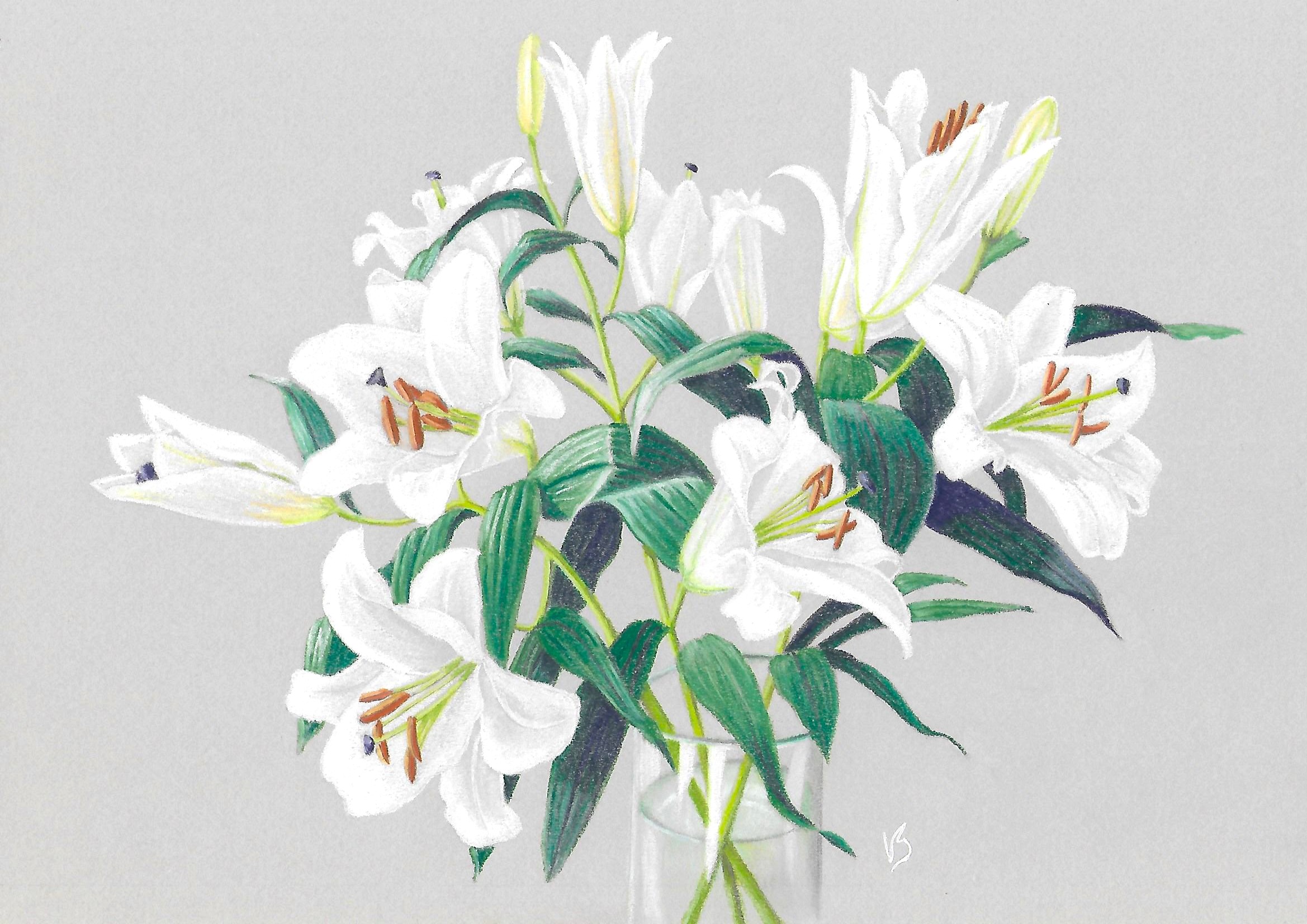 Tableau au pastel d'un bouquet de lys peint par V. Bourgaut